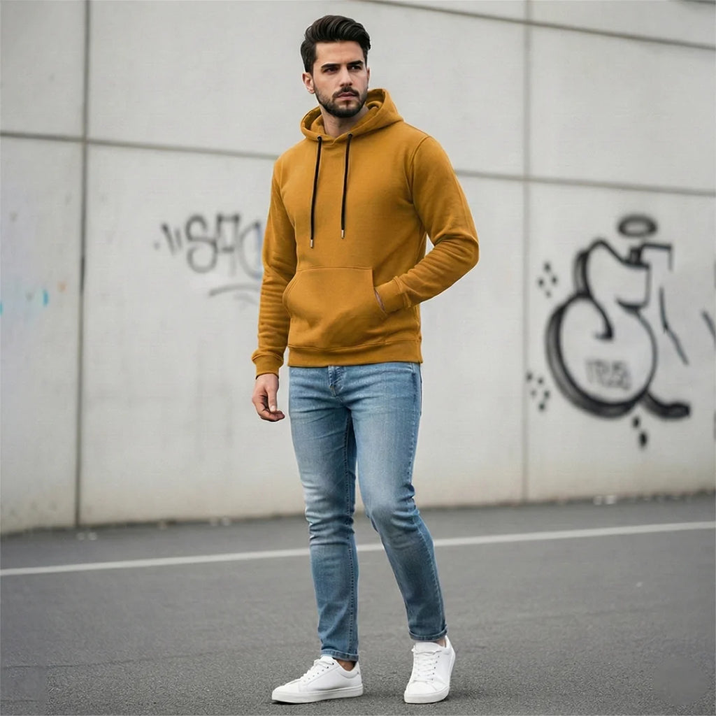Men's Premium Solid Hoodie | Classic Regular Fit Cotton Blend Pullover Hoodie with Kangaroo Pocket | Essential Casual Winter Streetwear
