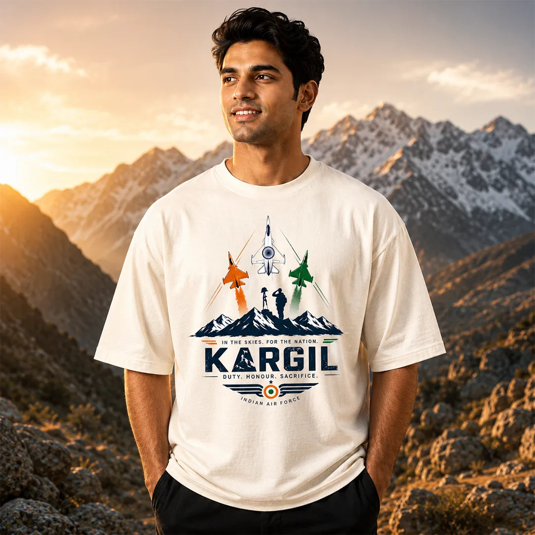 Men's Oversized Graphic T-Shirt - Kargil Indian Air Force Tribute, 240 GSM Pure Cotton, Bio-Washed