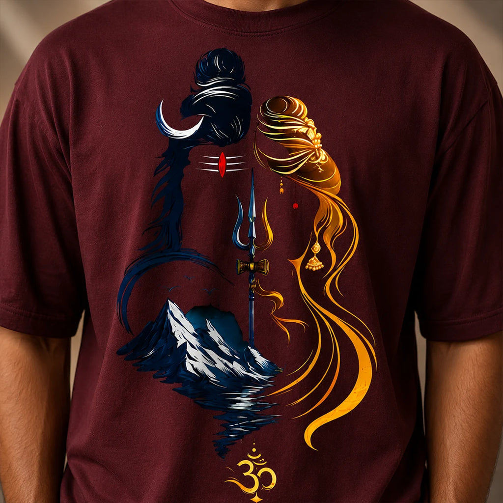 Men's Divine Ardhanareshvara Oversized Graphic T-Shirt - 240 GSM Pure Cotton, Bio-Washed