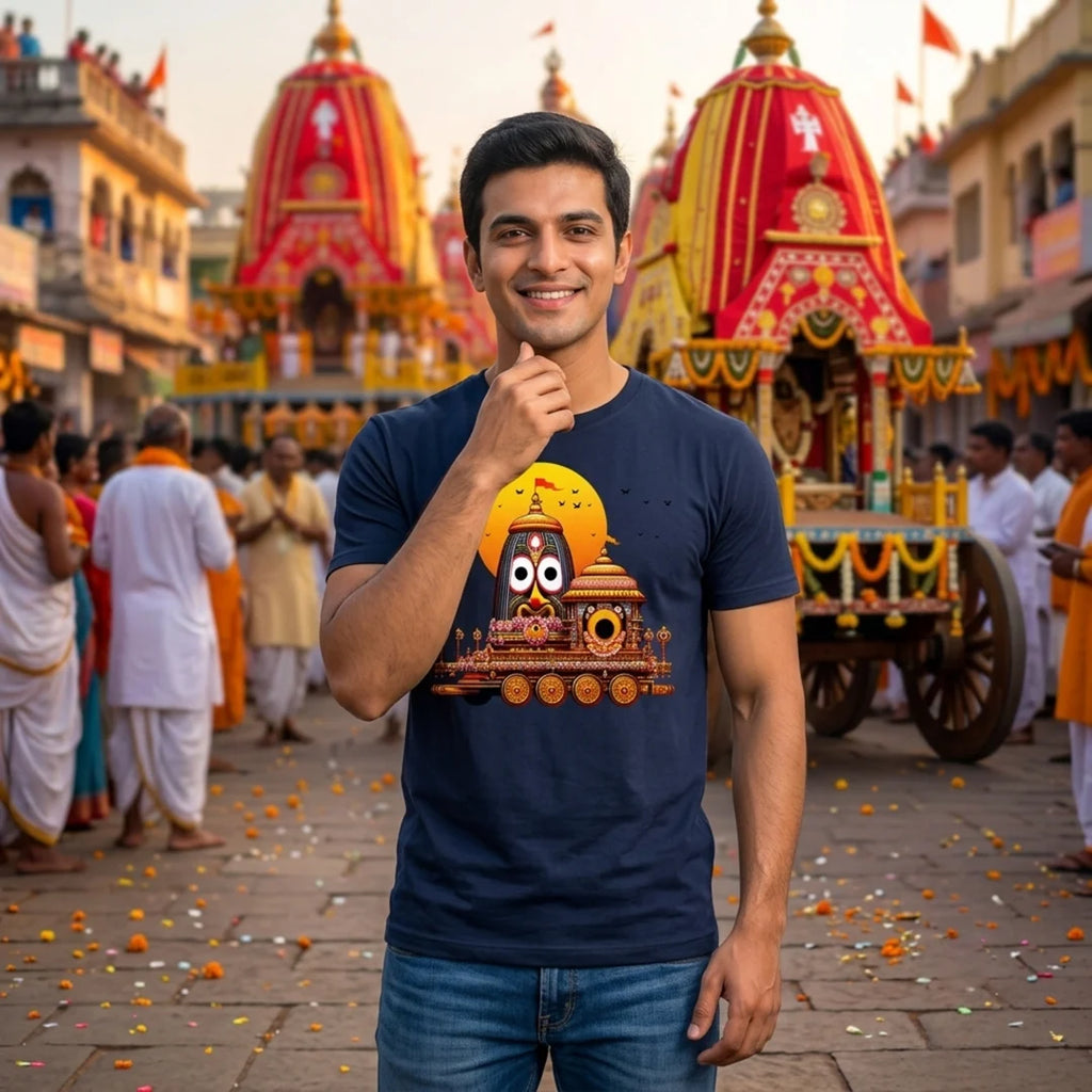 Premium Men's Pure Cotton Lord Jagannath Face & Rath Yatra Chariot Graphic T-Shirt