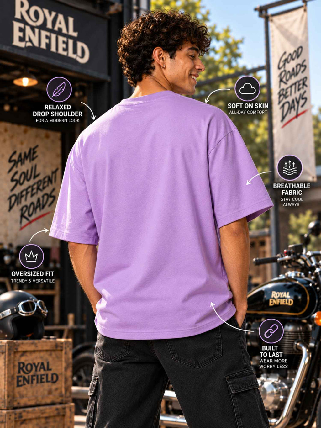 Excello Men's Royal Enfield Bullet 350 Graphic Oversized T-Shirt | Lavender
