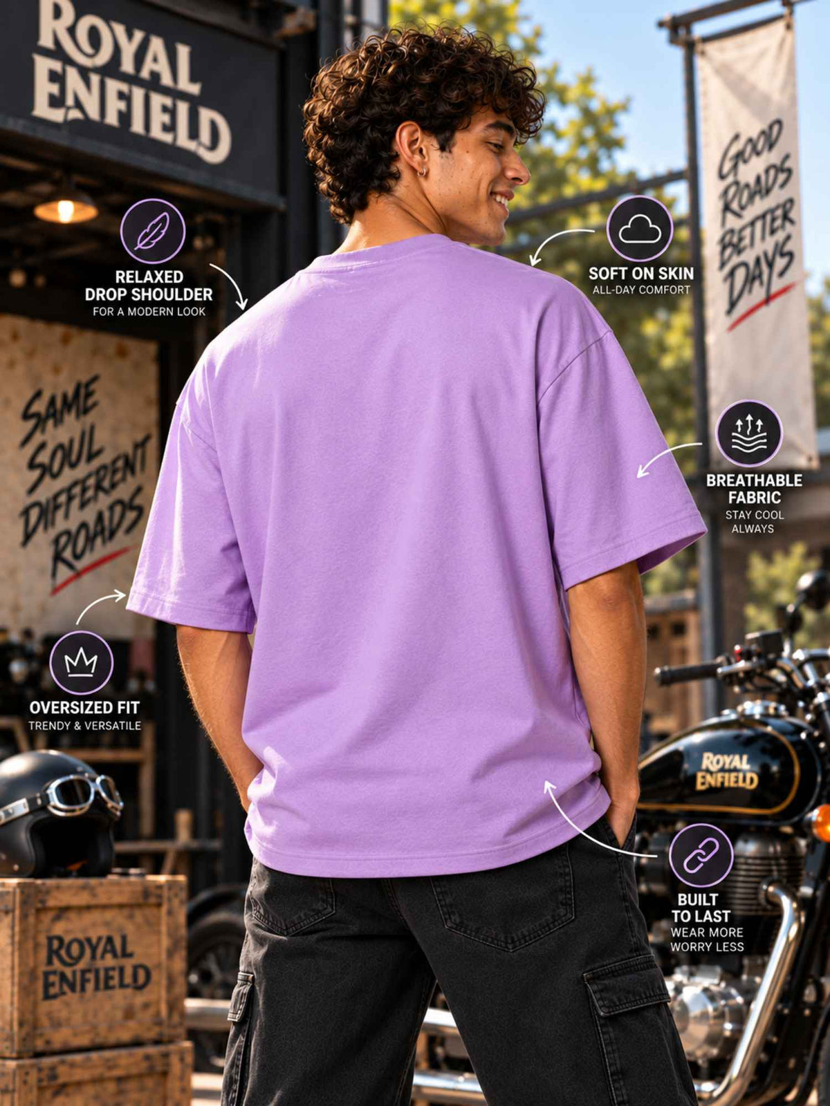 Excello Men's Royal Enfield Bullet 350 Graphic Oversized T-Shirt | Lavender