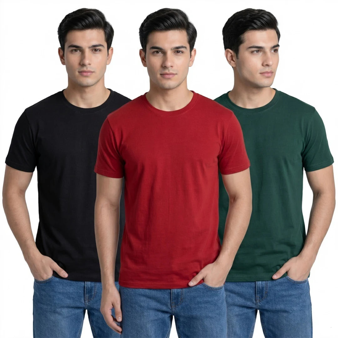 Premium Men’s Round Neck Pure Cotton T-Shirt Combo – 180 GSM Biowashed Regular Fit Half Sleeve Tees (Pack of 3)