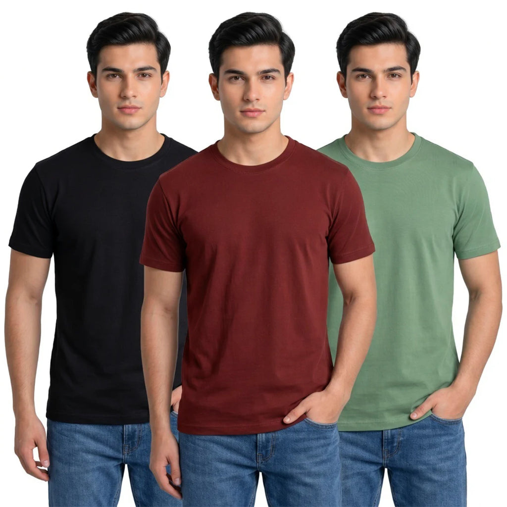 Premium Men’s Round Neck Pure Cotton T-Shirt Combo – 180 GSM Biowashed Regular Fit Half Sleeve Tees (Pack of 3)