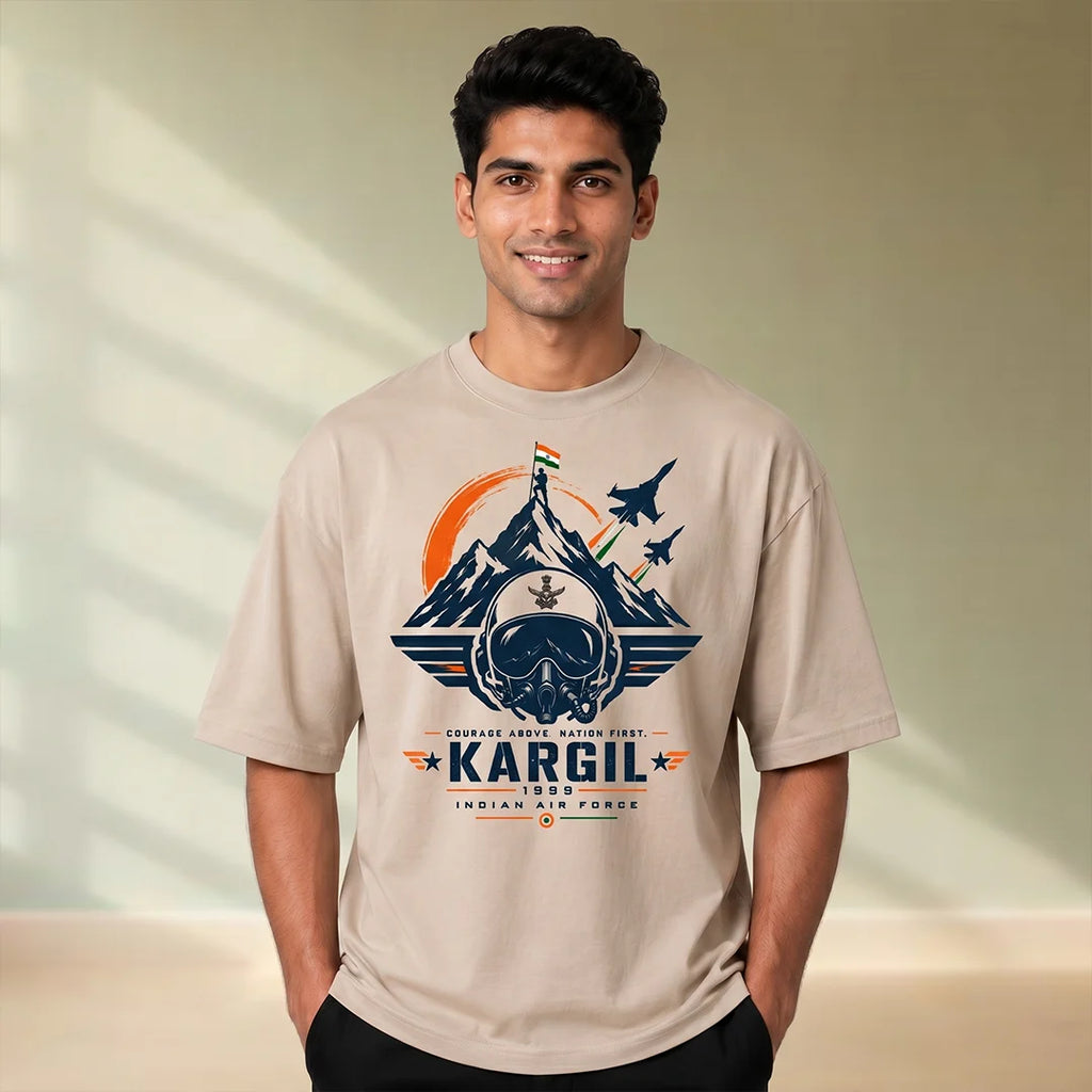 Men's Oversized Graphic T-Shirt - Kargil 1999 Indian Air Force Tribute, 240 GSM Pure Cotton, Bio-Washed
