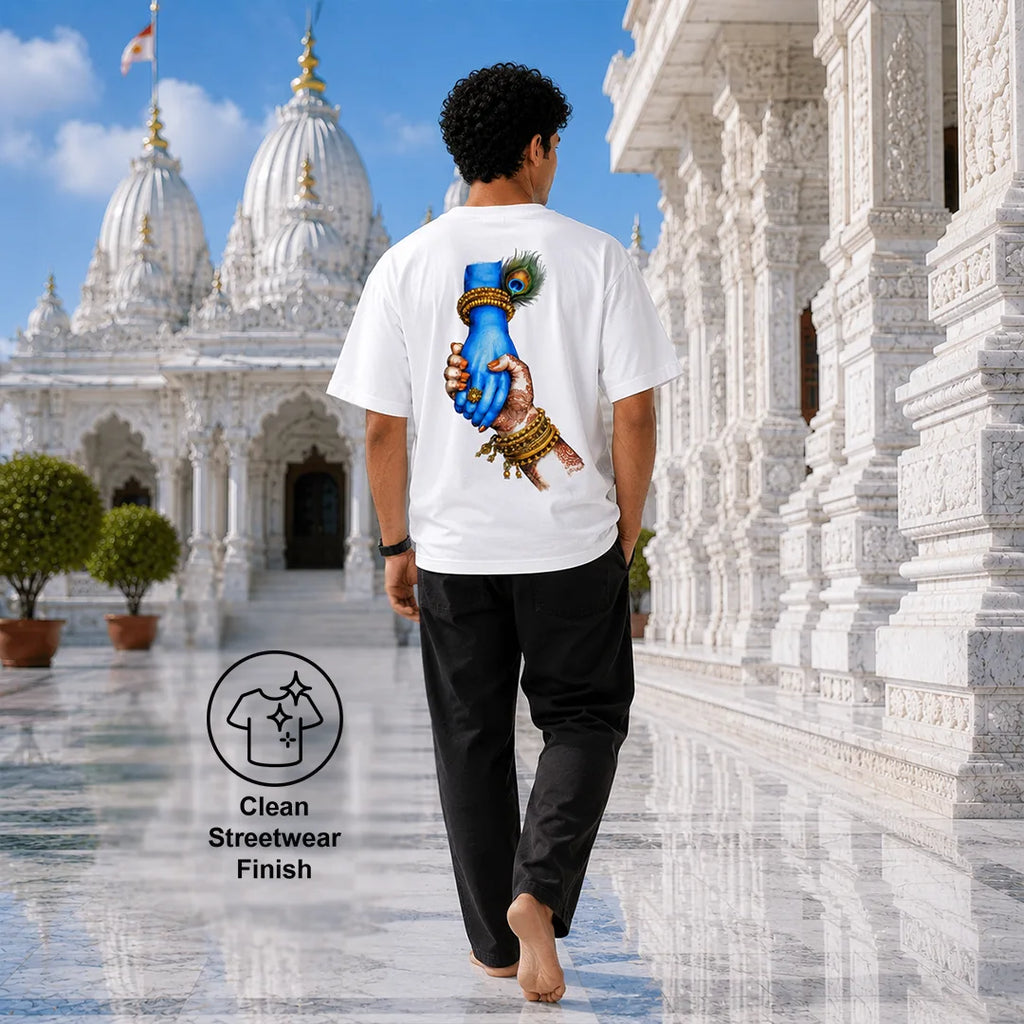 Excello Men's Jai Shree Krishna Divine Graphic Oversized T-Shirt - 240 GSM Pure Cotton, Bio-Washed