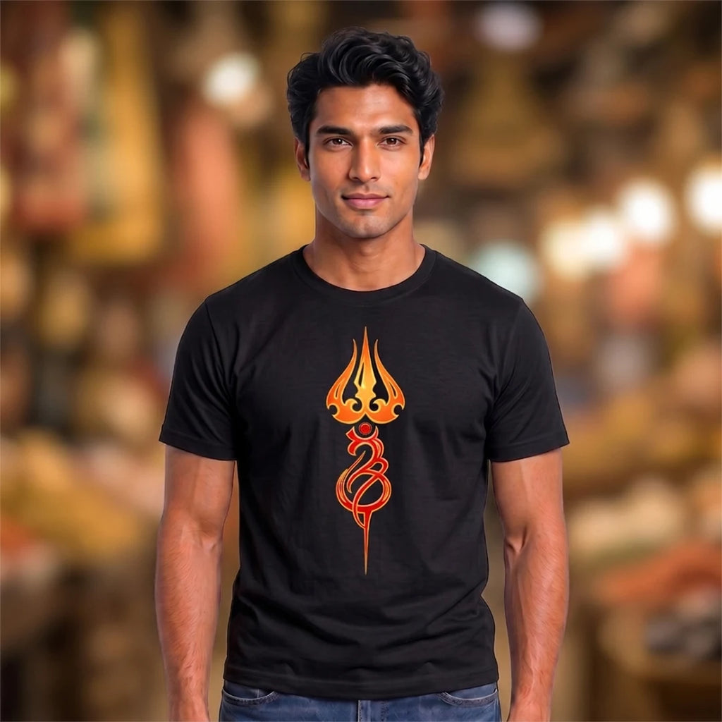 Men's Pure Cotton Regular Fit Mahadev Trishul Om Printed T-Shirt | 180 GSM Bio-Washed Spiritual Graphic Tee
