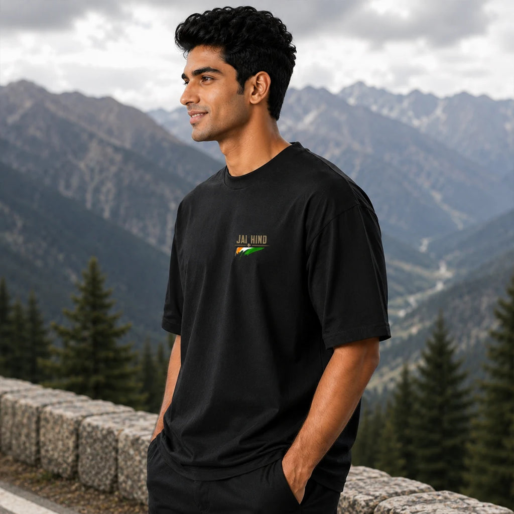 Men's Oversized Graphic T-Shirt - "Jai Hind" Military Tribute, 240 GSM Pure Cotton, Bio-Washed
