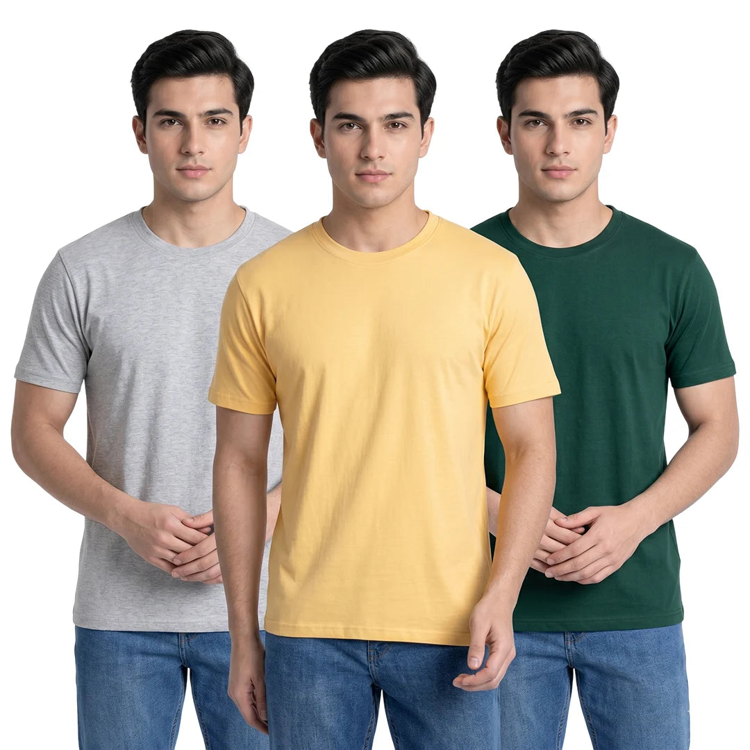 Premium Men’s Round Neck Pure Cotton T-Shirt Combo – 180 GSM Biowashed Regular Fit Half Sleeve Tees (Pack of 3)