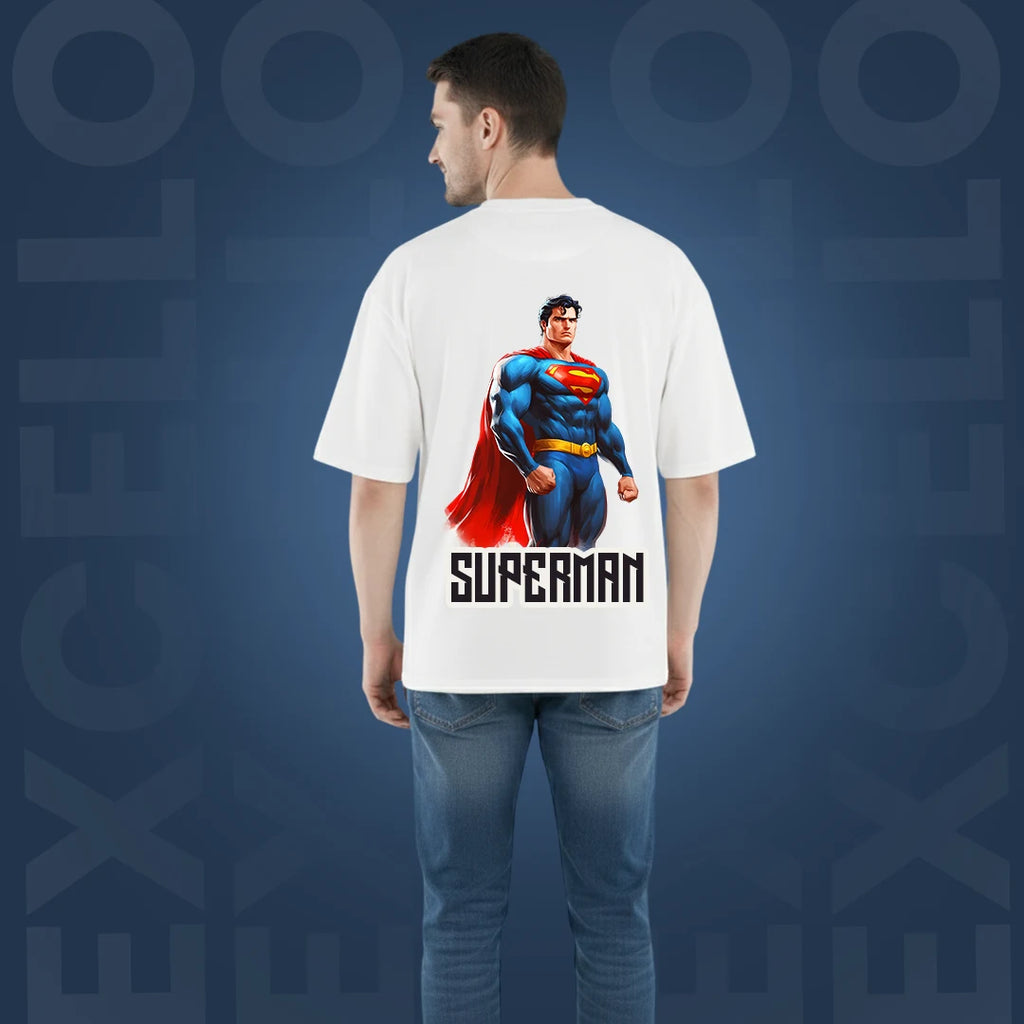 Superman Men’s Off  White Oversized T-Shirt – 100% Cotton, 220 GSM Heavyweight Streetwear Tee with Front Logo & Back Graphic