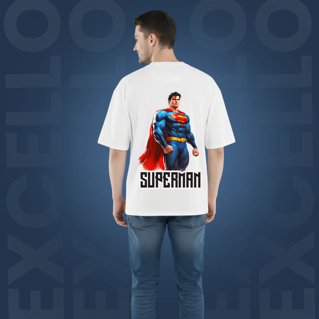 Superman Men’s Off  White Oversized T-Shirt – 100% Cotton, 220 GSM Heavyweight Streetwear Tee with Front Logo & Back Graphic