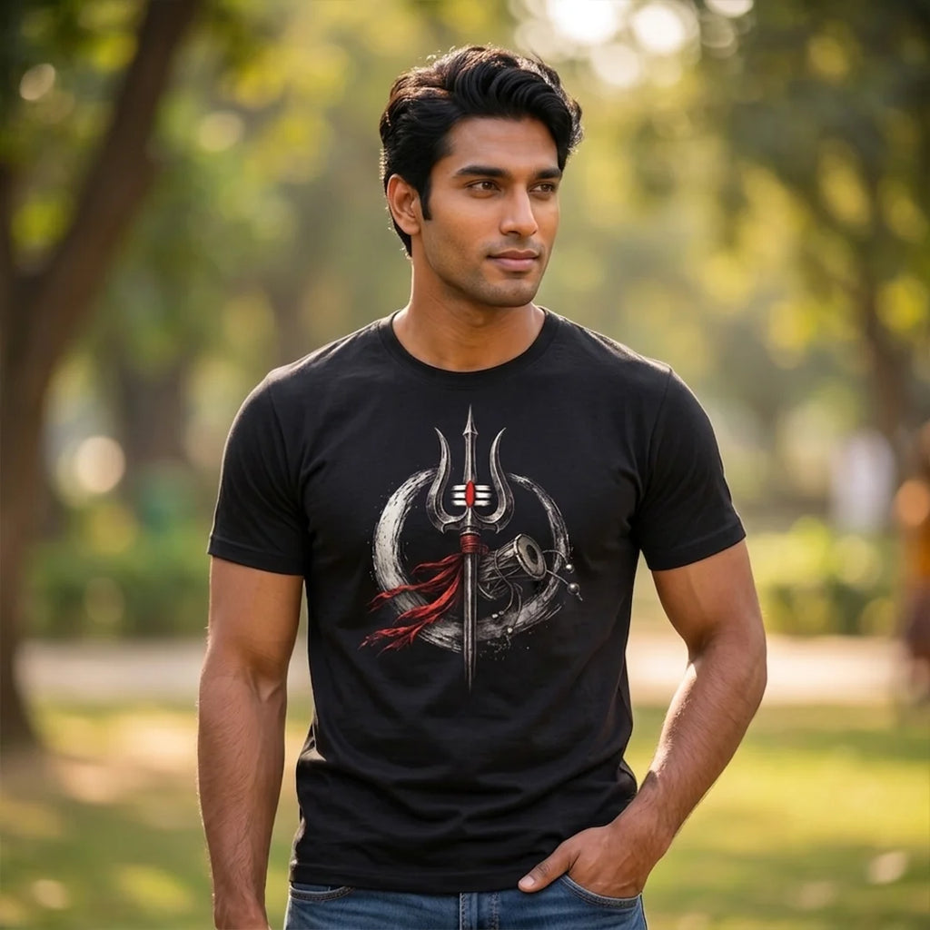 Men's Pure Cotton Regular Fit Mahadev Trishul Damru Graphic T-Shirt | 180 GSM Bio-Washed Spiritual Casual Tee
