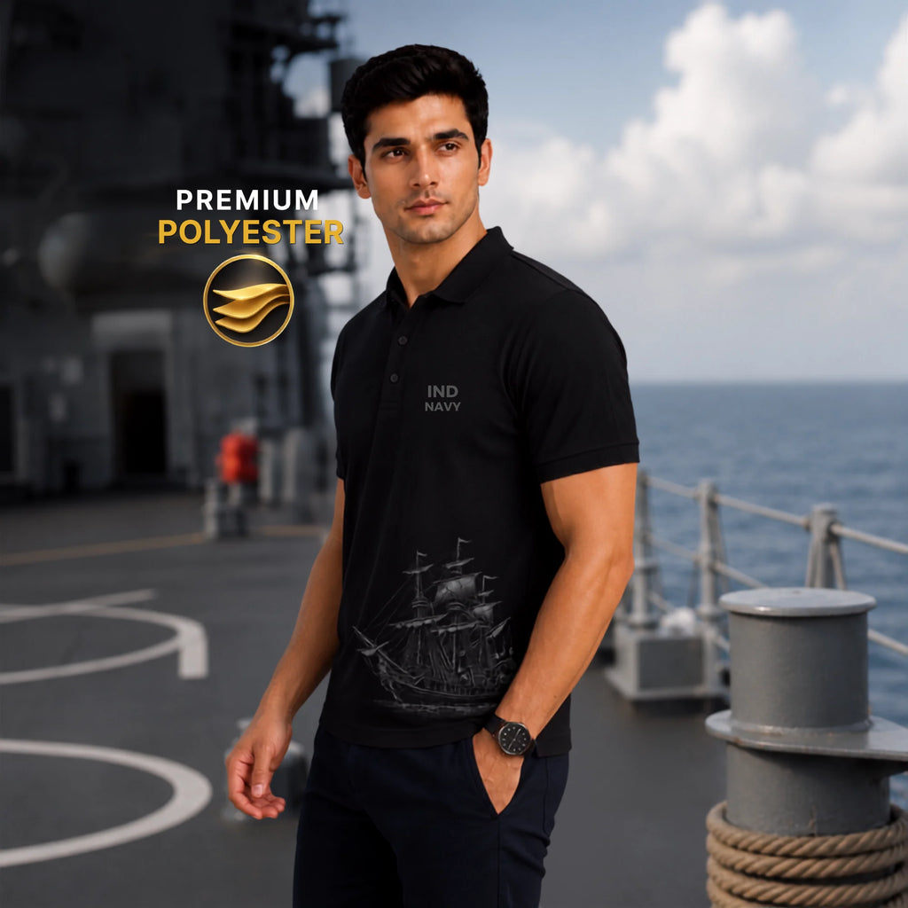 Excello Premium Indian Navy Tribute Polo T-Shirt | 210 GSM Nano Poly, Regular Fit