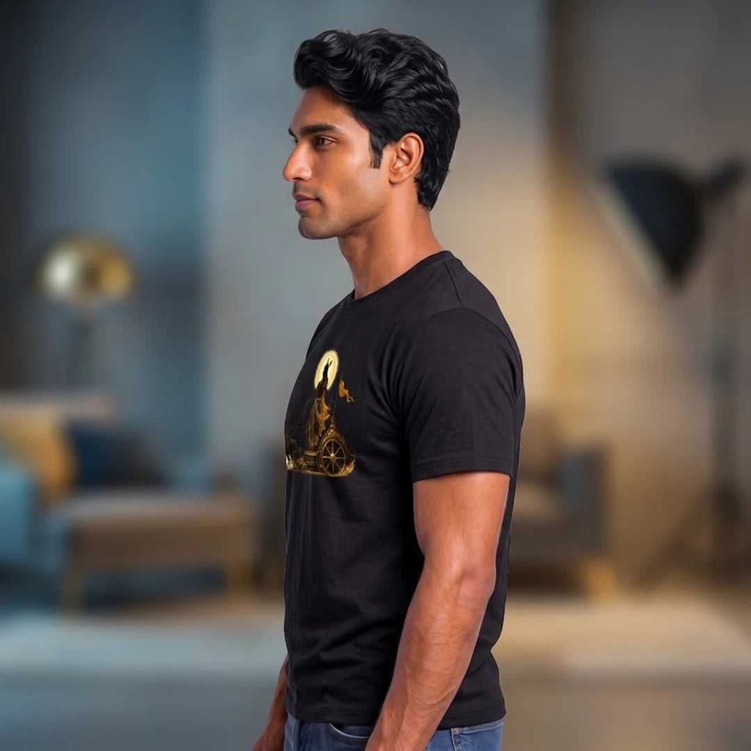 Men's Pure Cotton Regular Fit Lord Krishna Chariot Printed T-Shirt | 180 GSM Bio-Washed Bhagavad Gita Graphic Tee