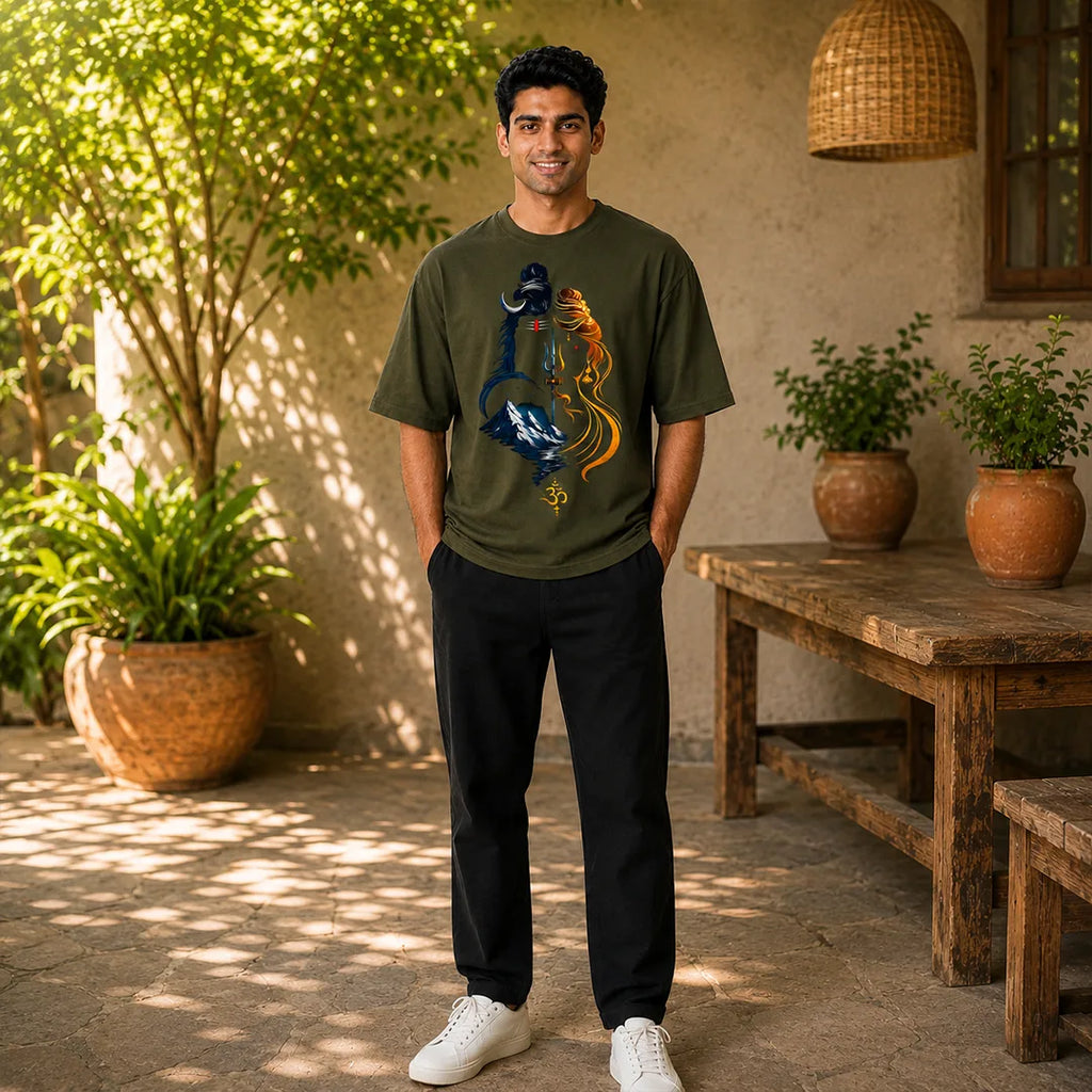 Men's Divine Ardhanareshvara Oversized Graphic T-Shirt - 240 GSM Pure Cotton, Bio-Washed