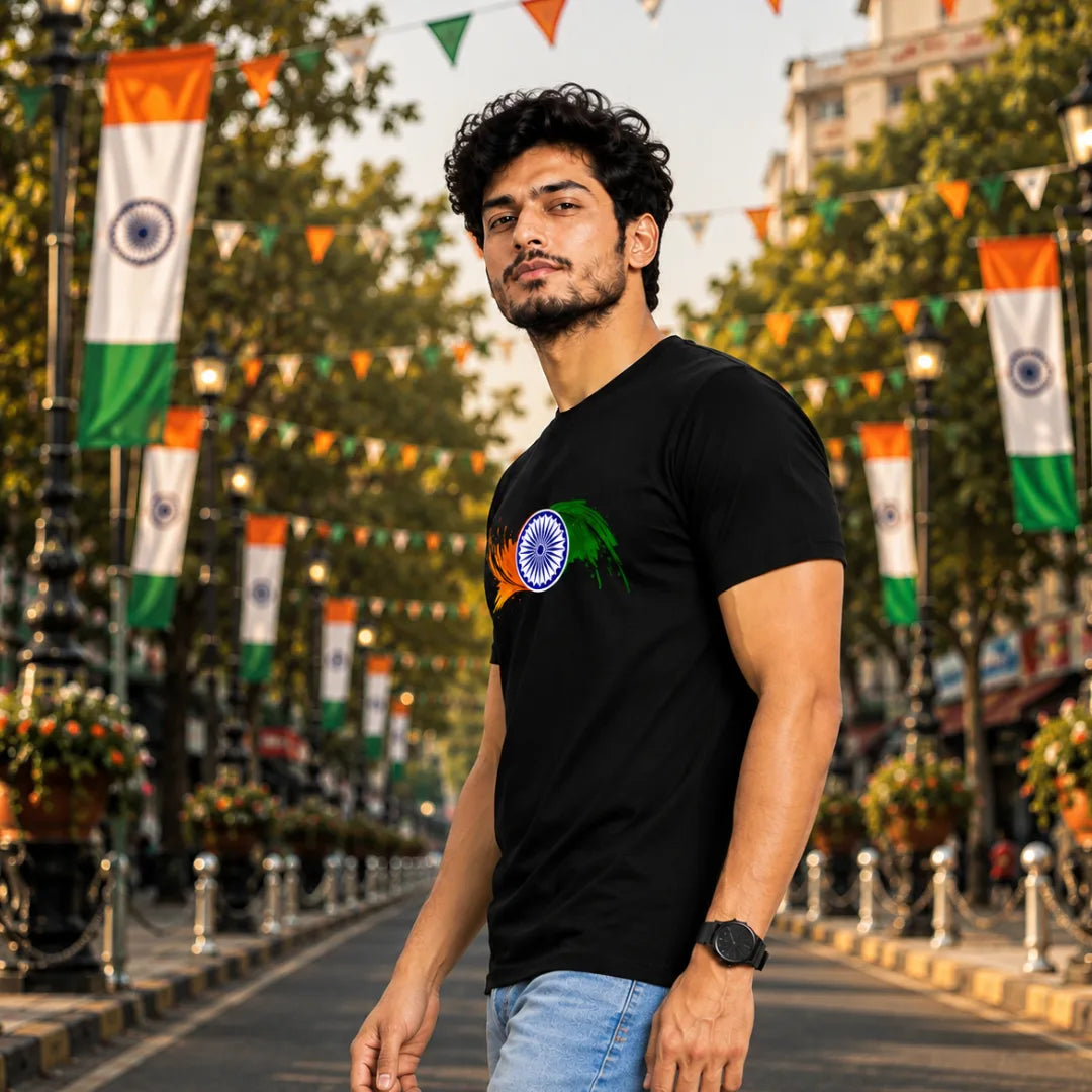 Premium Patriotic Ashoka Chakra T-Shirt | 180 GSM Pure Cotton, Bio-Washed Regular Fit