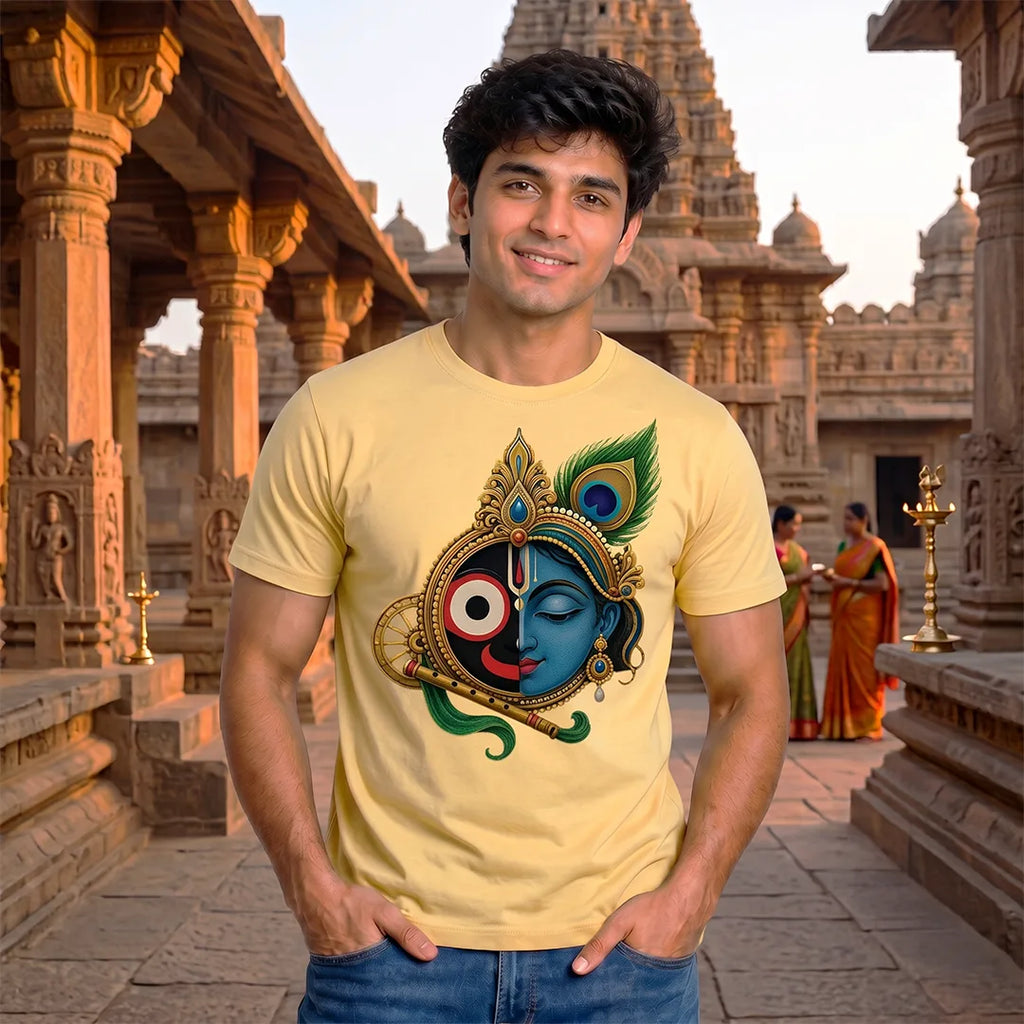 Men's Pure Cotton Lord Jagannath & Sri Krishna Fusion Graphic Printed T-Shirt