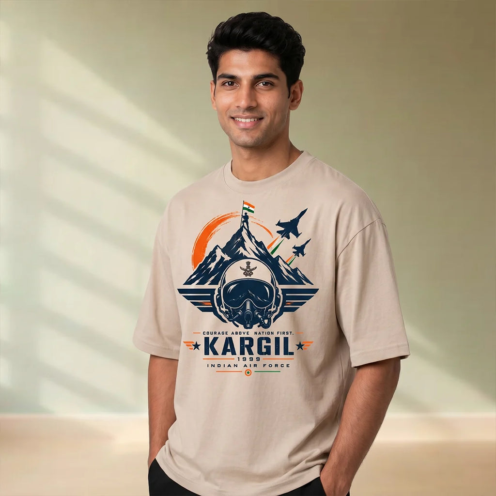 Men's Oversized Graphic T-Shirt - Kargil 1999 Indian Air Force Tribute, 240 GSM Pure Cotton, Bio-Washed