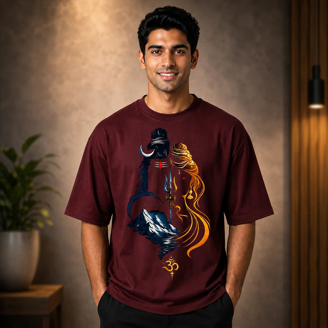 Men's Divine Ardhanareshvara Oversized Graphic T-Shirt - 240 GSM Pure Cotton, Bio-Washed