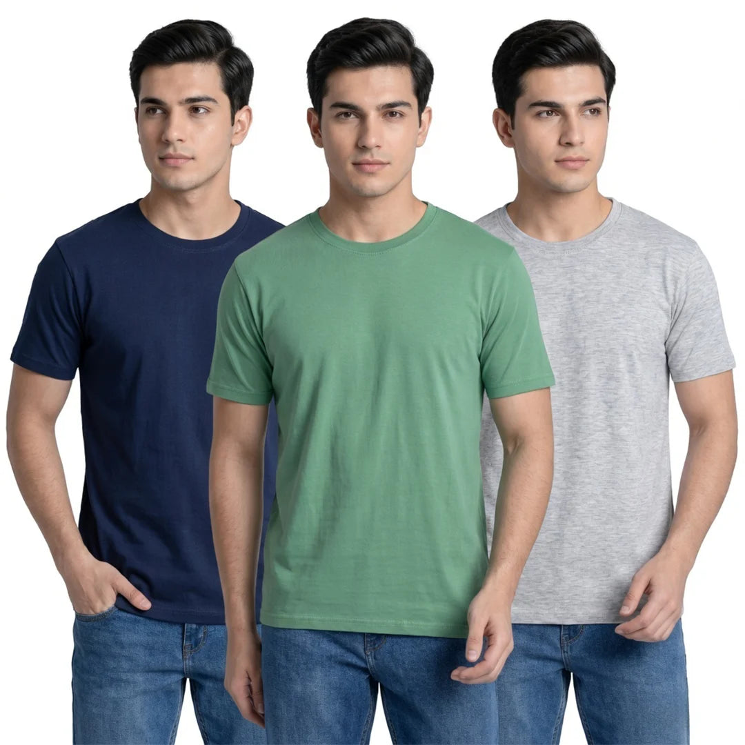 Premium Men’s Round Neck Pure Cotton T-Shirt Combo – 180 GSM Biowashed Regular Fit Half Sleeve Tees (Pack of 3)