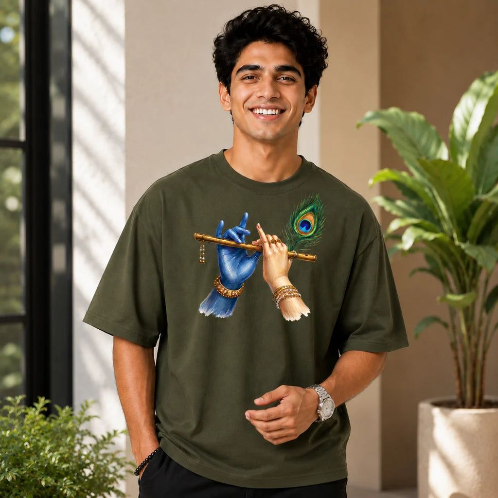 Excello Men's Divine Krishna Flute Graphic Oversized T-Shirt - 240 GSM Pure Cotton, Bio-Washed