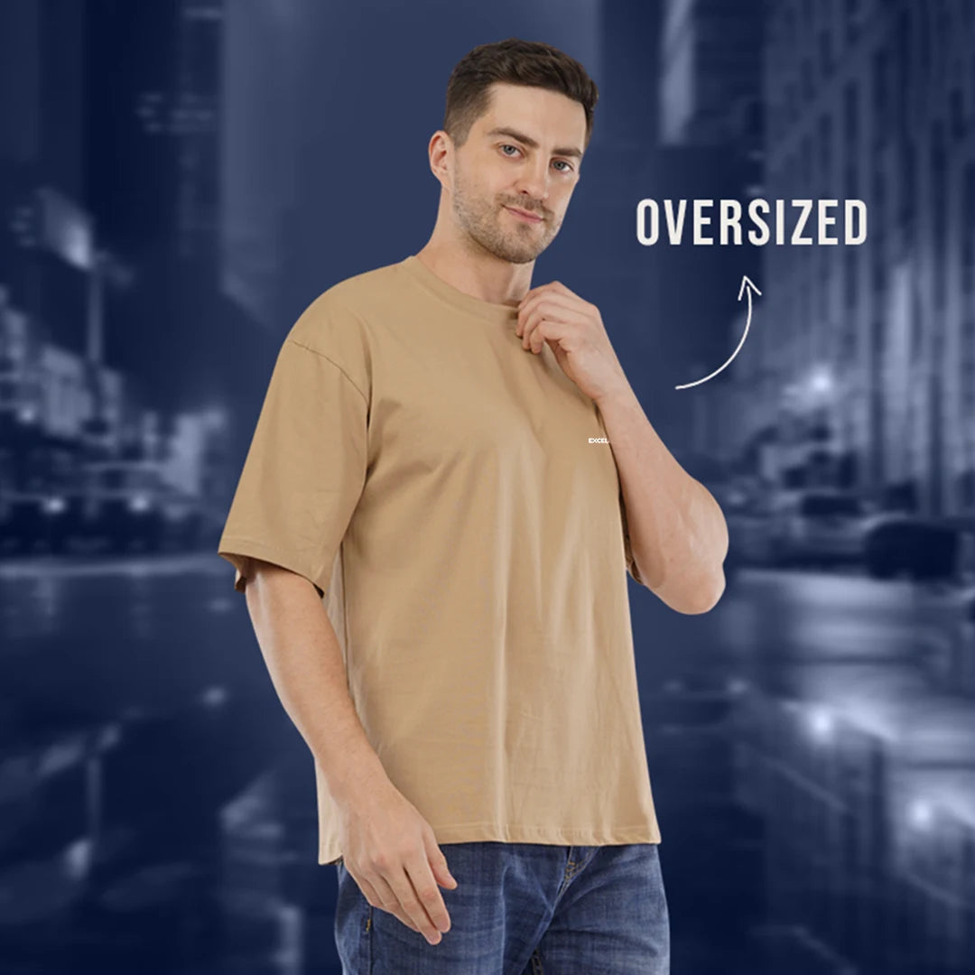 Men’s Premium Beige Oversized T-Shirt | 100% Rich Cotton | Trendy Drop-Shoulder Streetwear Tee