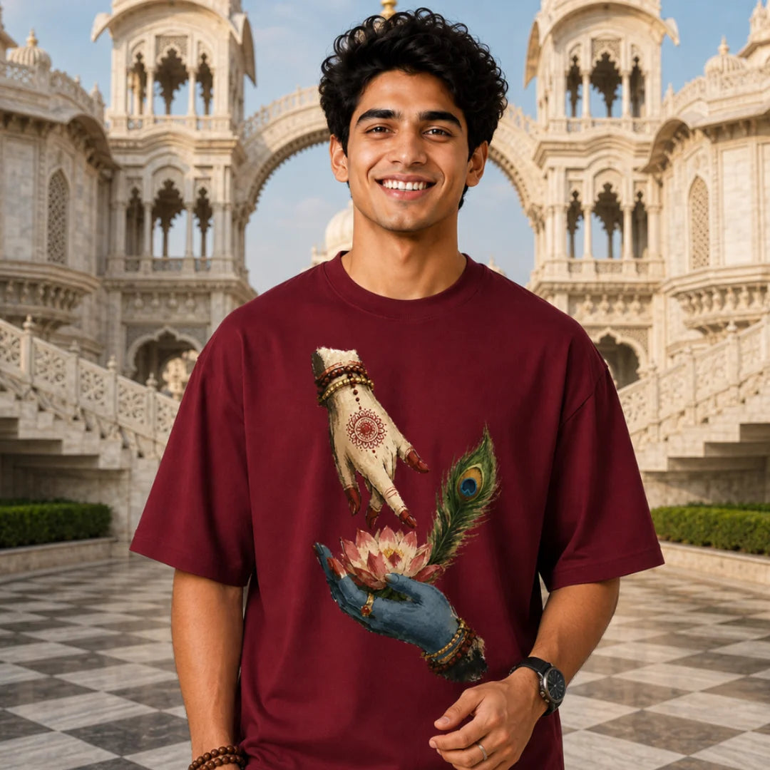 Excello Men's Divine Radha Krishna Lotus Graphic Oversized T-Shirt - 240 GSM Pure Cotton, Bio-Washed