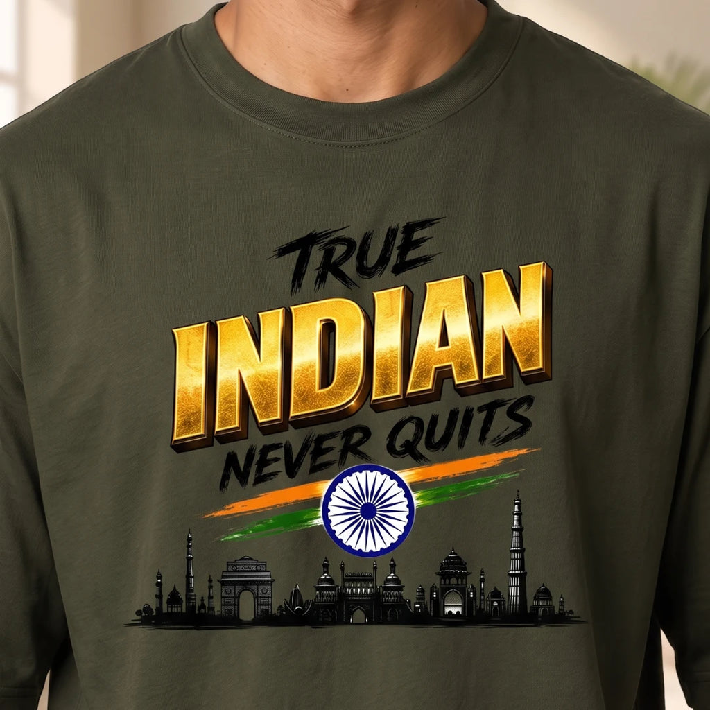 Men's "True Indian Never Quits" Oversized Graphic T-Shirt - 240 GSM Pure Cotton, Bio-Washed