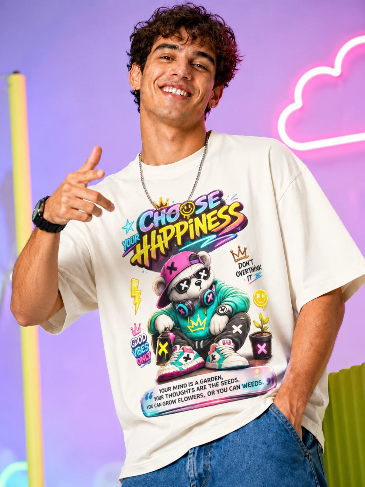 Excello Men's Oversized Graphic T-Shirt - "Choose Your Happiness" Print, 240 GSM Pure Cotton, Biowashed