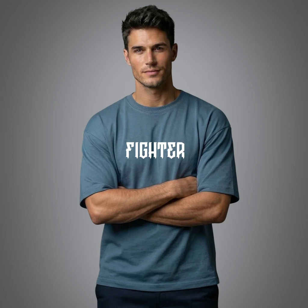 "Victorious Fighter" Graphic Oversized T-Shirt – Steel Blue