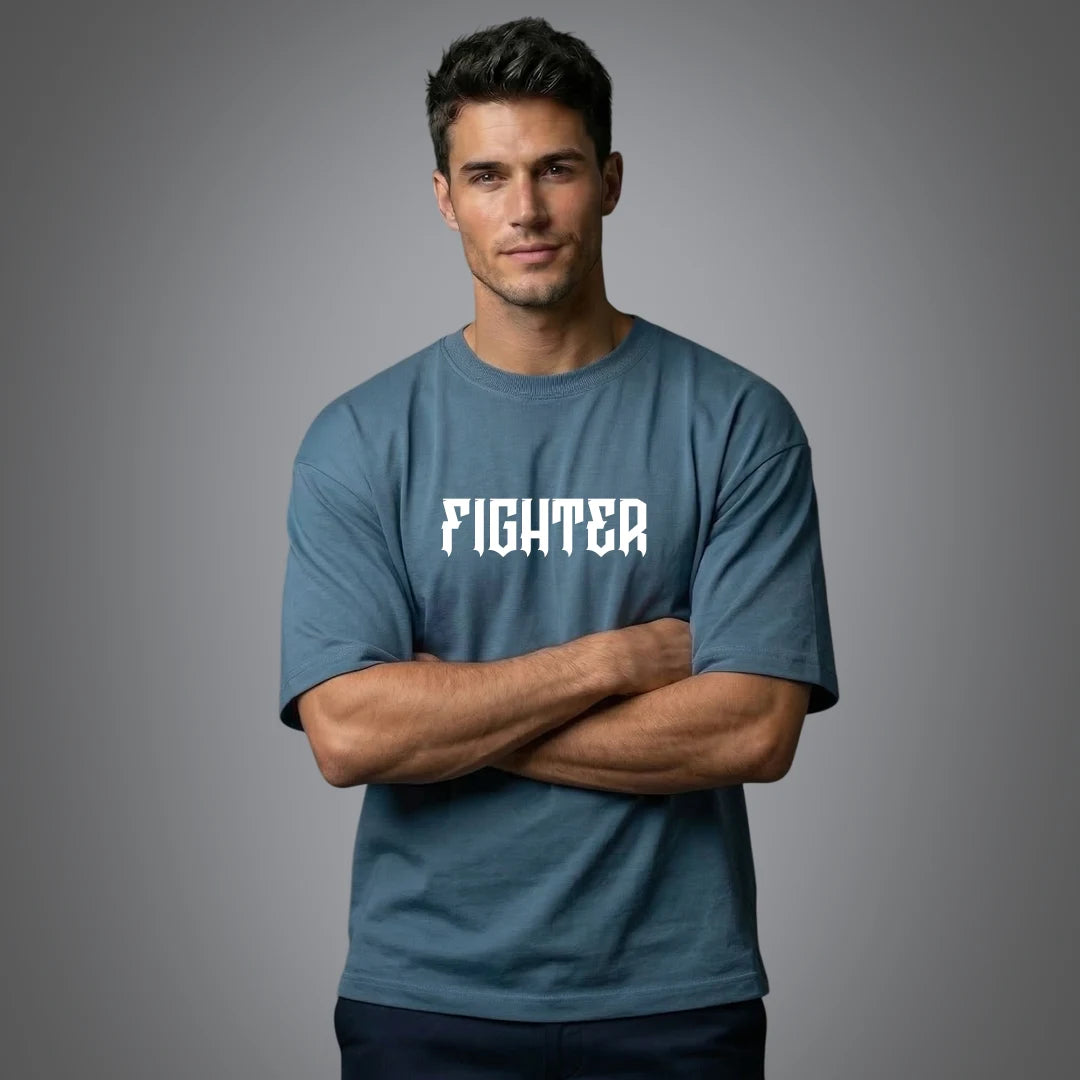 "Victorious Fighter" Graphic Oversized T-Shirt – Steel Blue