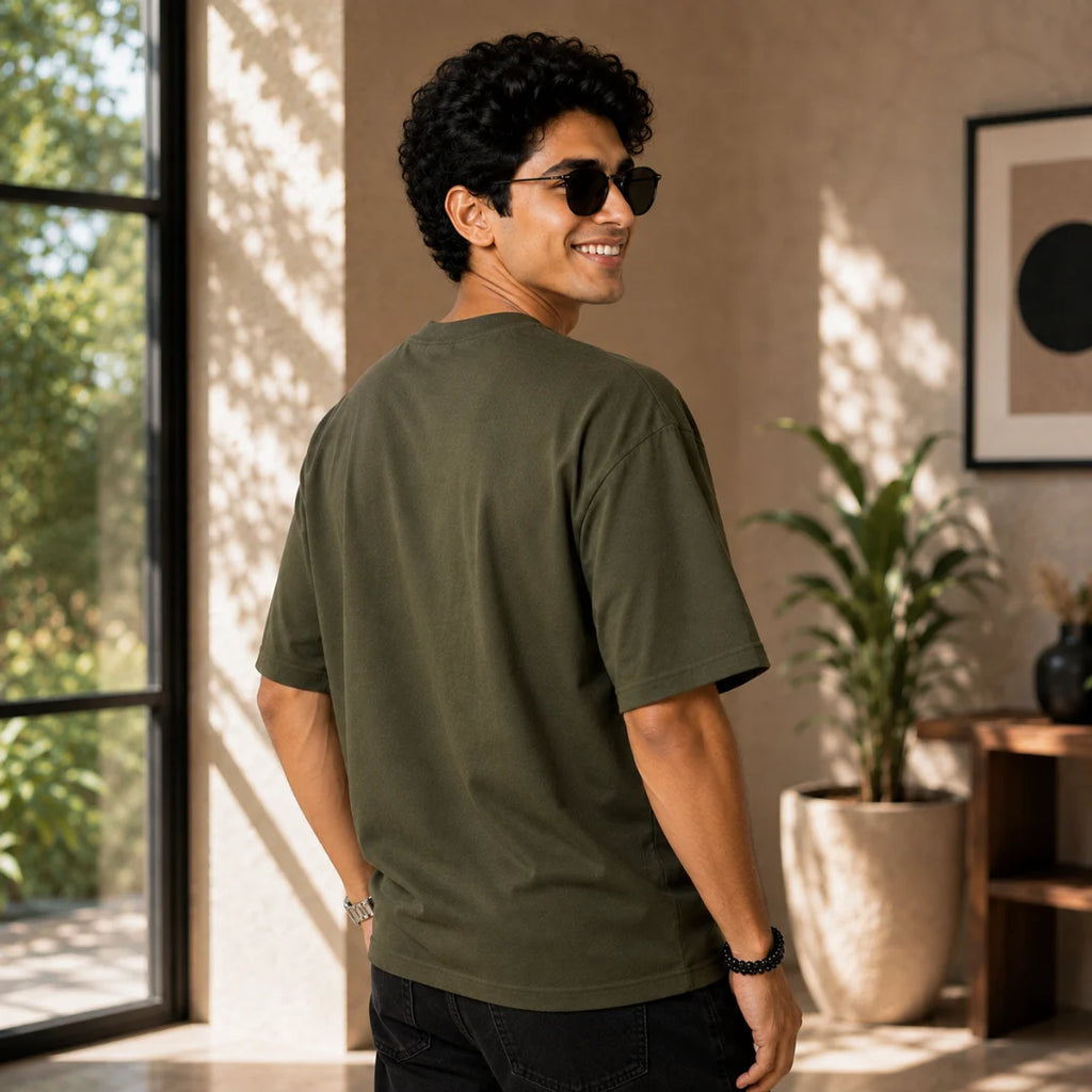 Excello Men's Divine Krishna Flute Graphic Oversized T-Shirt - 240 GSM Pure Cotton, Bio-Washed
