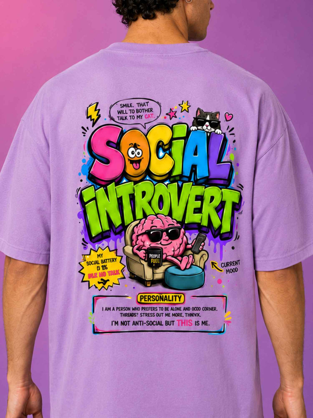 Excello Men's 'Social Introvert' Graphic Oversized T-Shirt | Lavender
