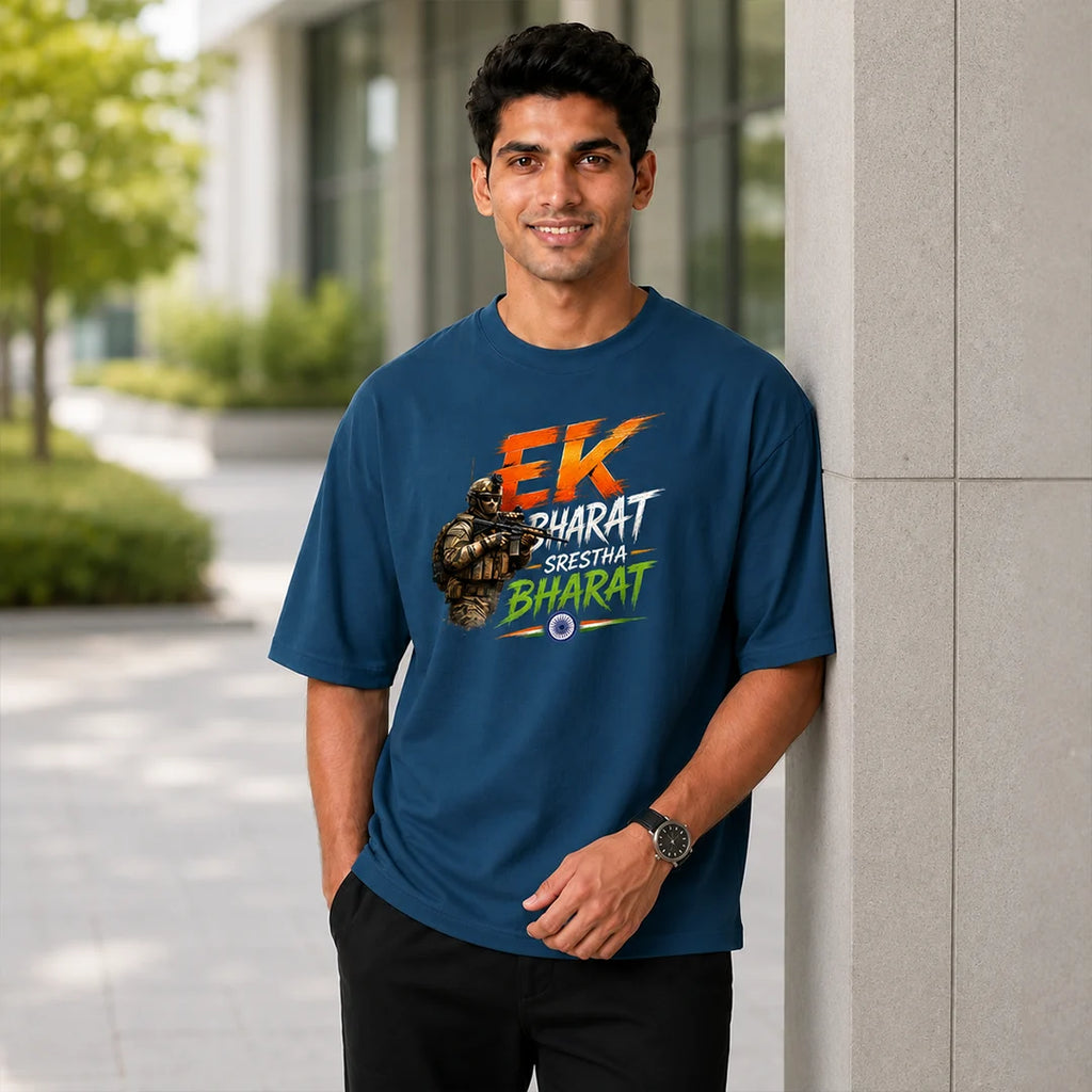 Men's "Ek Bharat Srestha Bharat" Oversized Graphic T-Shirt - 240 GSM Pure Cotton, Bio-Washed