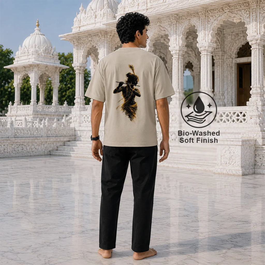 Excello Men's Divine Krishna Silhouette Graphic Oversized T-Shirt - 240 GSM Pure Cotton, Bio-Washed