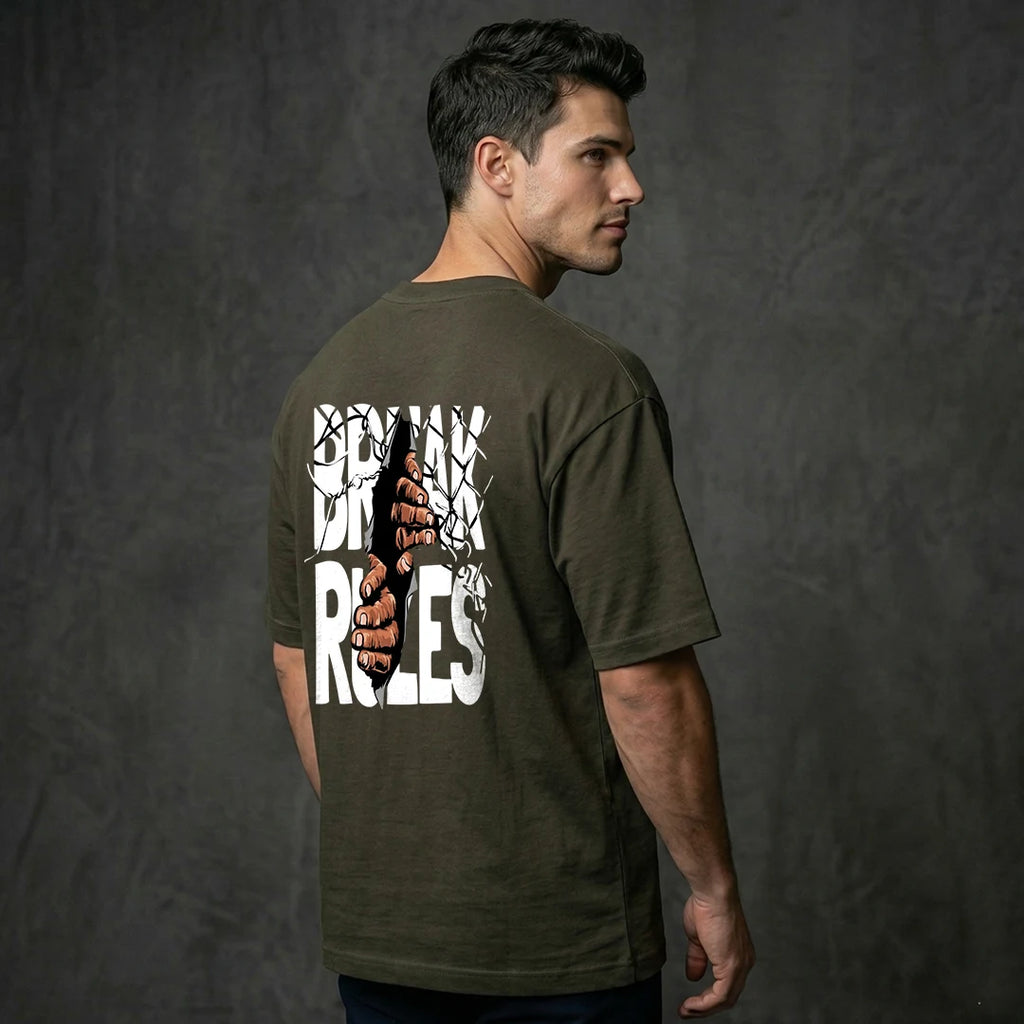 "Break Rules" Urban Rebellion Oversized T-Shirt – Premium 240 GSM Olive Green Graphic Tee