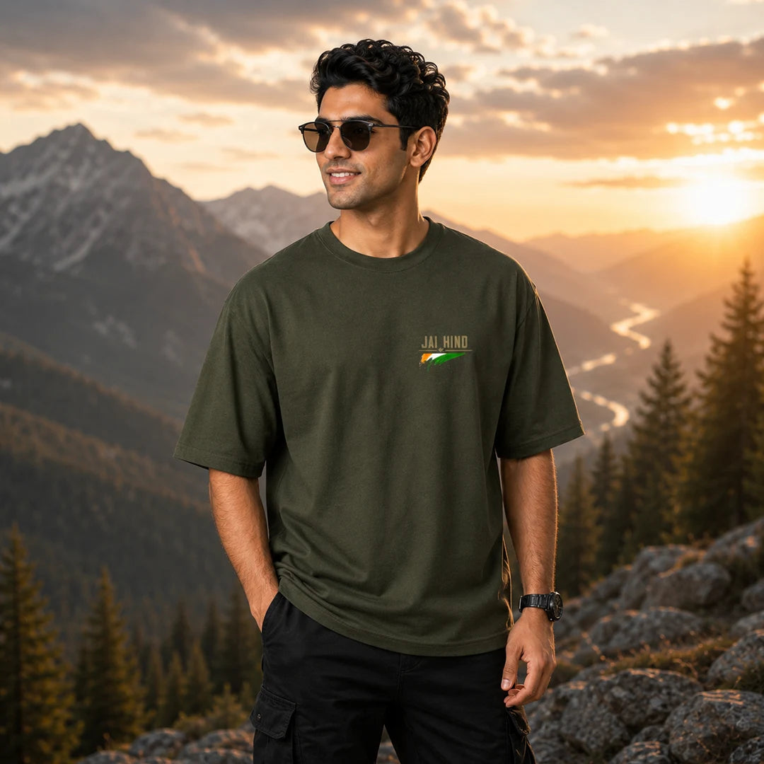 Men's Oversized Graphic T-Shirt - "Jai Hind" Military Tribute, 240 GSM Pure Cotton, Bio-Washed