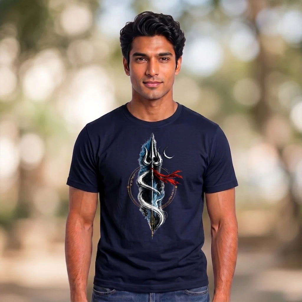 Men's Pure Cotton Regular Fit Mahadev Trishul Crescent Moon Printed T-Shirt | 180 GSM Bio-Washed Spiritual Graphic Tee