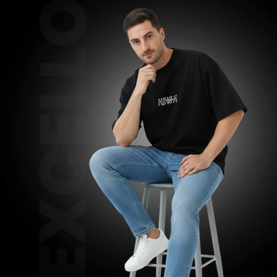 Men's 100% Pure Cotton Oversized T-Shirt – Black Streetwear Tee with Samurai & Kunai Graphic Print