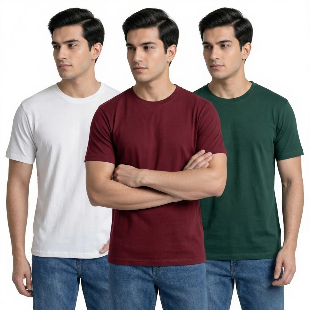 Premium Men’s Round Neck Pure Cotton T-Shirt Combo – 180 GSM Biowashed Regular Fit Half Sleeve Tees (Pack of 3)