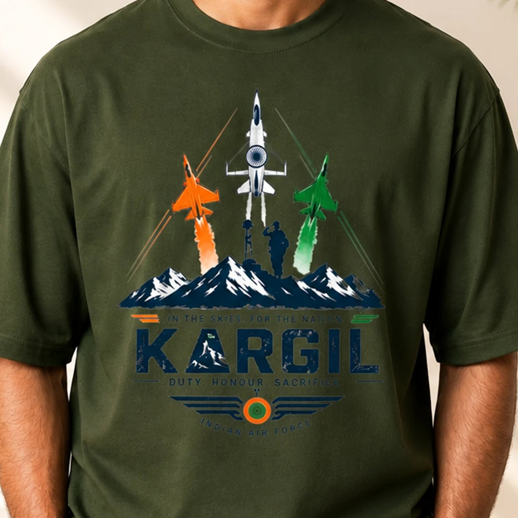 Men's Oversized Graphic T-Shirt - Kargil Indian Air Force Tribute, 240 GSM Pure Cotton, Bio-Washed