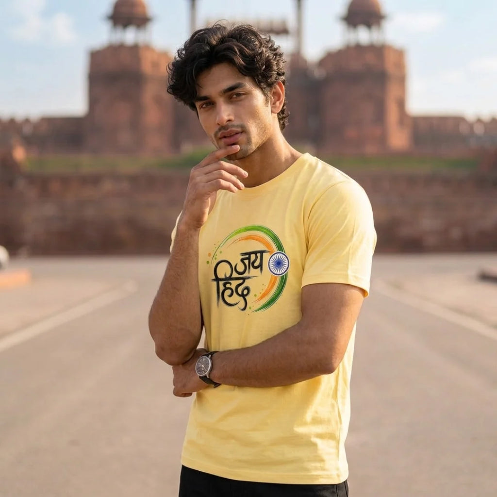 Excello Men's "Jai Hind" Patriotic Typography Graphic T-Shirt | 15th August Edition | 180 GSM Pure Cotton Regular Fit