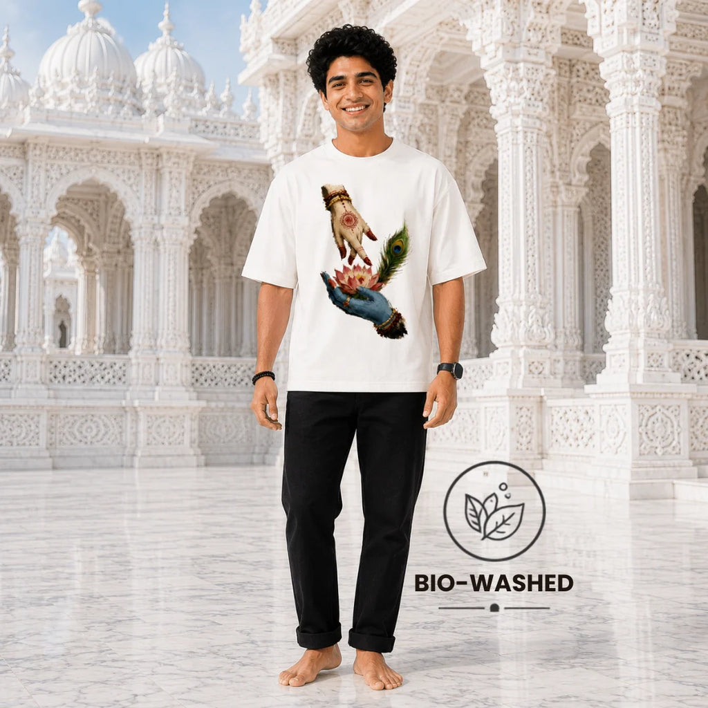 Excello Men's Divine Radha Krishna Lotus Graphic Oversized T-Shirt - 240 GSM Pure Cotton, Bio-Washed