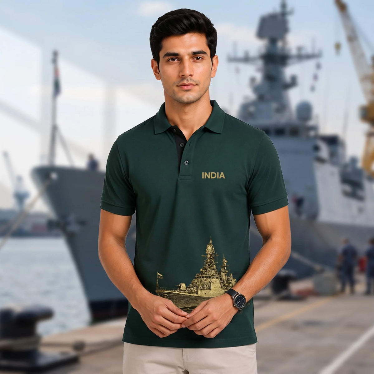 Patriotic India Naval Ship Polo for Men - 210 GSM Breathable T-Shirt