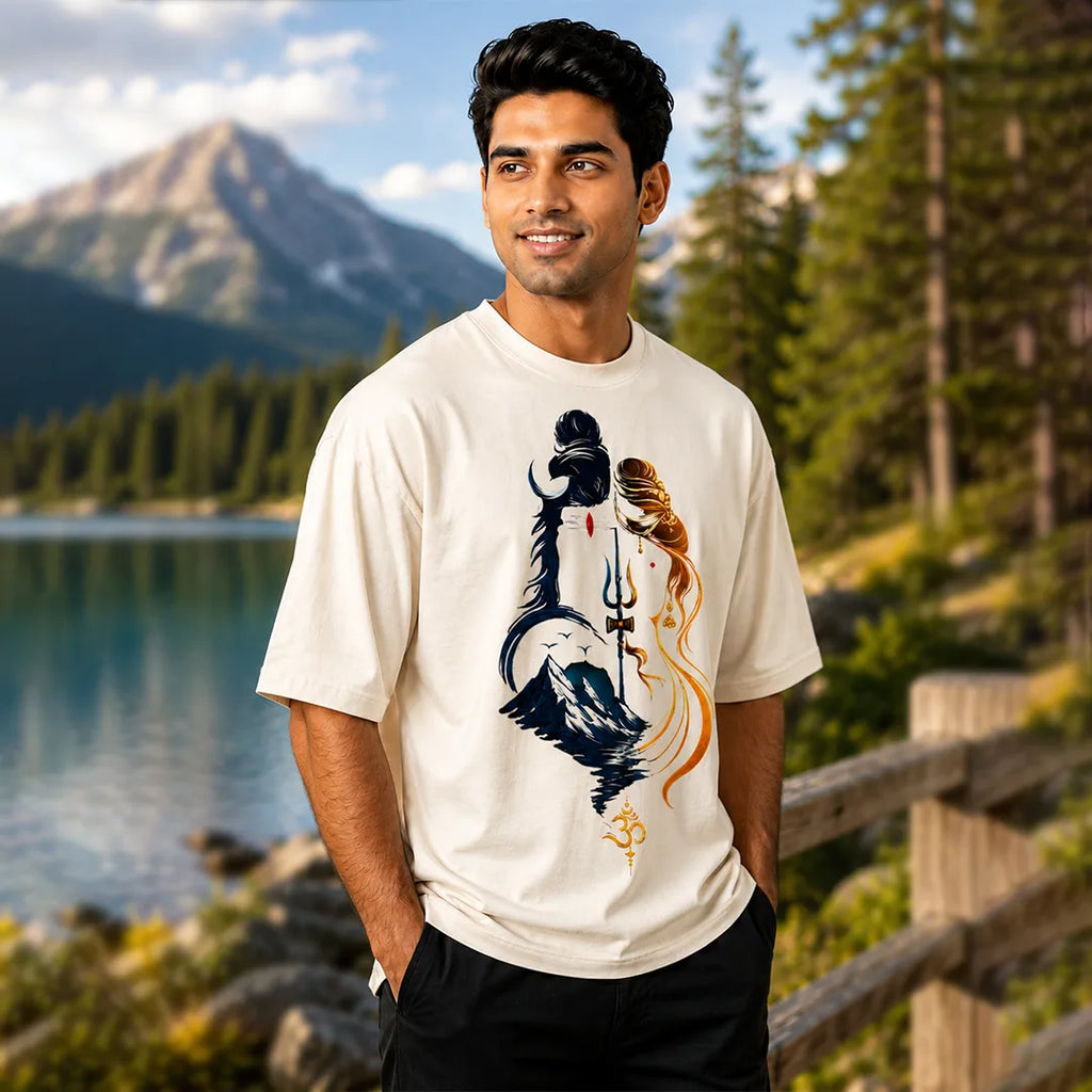 Men's Divine Ardhanareshvara Oversized Graphic T-Shirt - 240 GSM Pure Cotton, Bio-Washed
