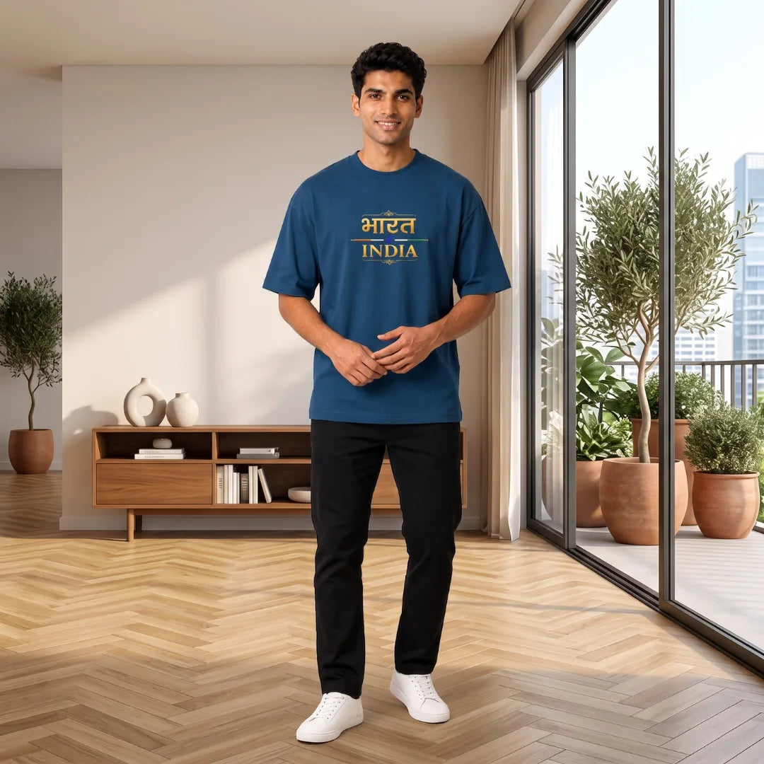 Men's "Bharat - India" Premium Oversized Graphic T-Shirt - 240 GSM Pure Cotton, Bio-Washed