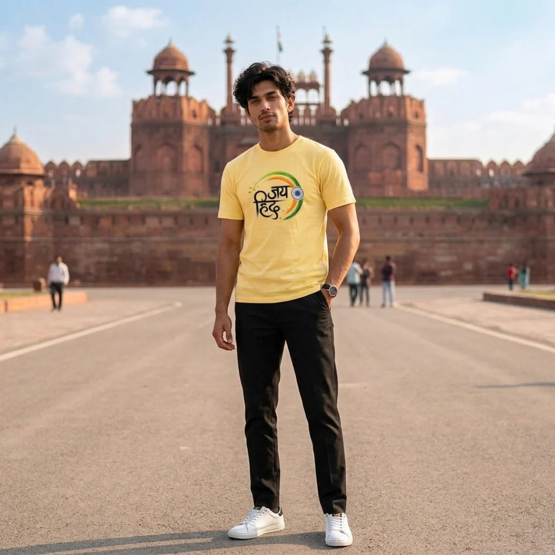 Excello Men's "Jai Hind" Patriotic Typography Graphic T-Shirt | 15th August Edition | 180 GSM Pure Cotton Regular Fit