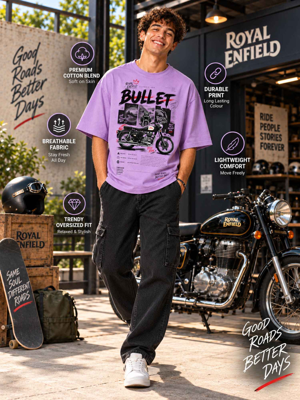 Excello Men's Royal Enfield Bullet 350 Graphic Oversized T-Shirt | Lavender