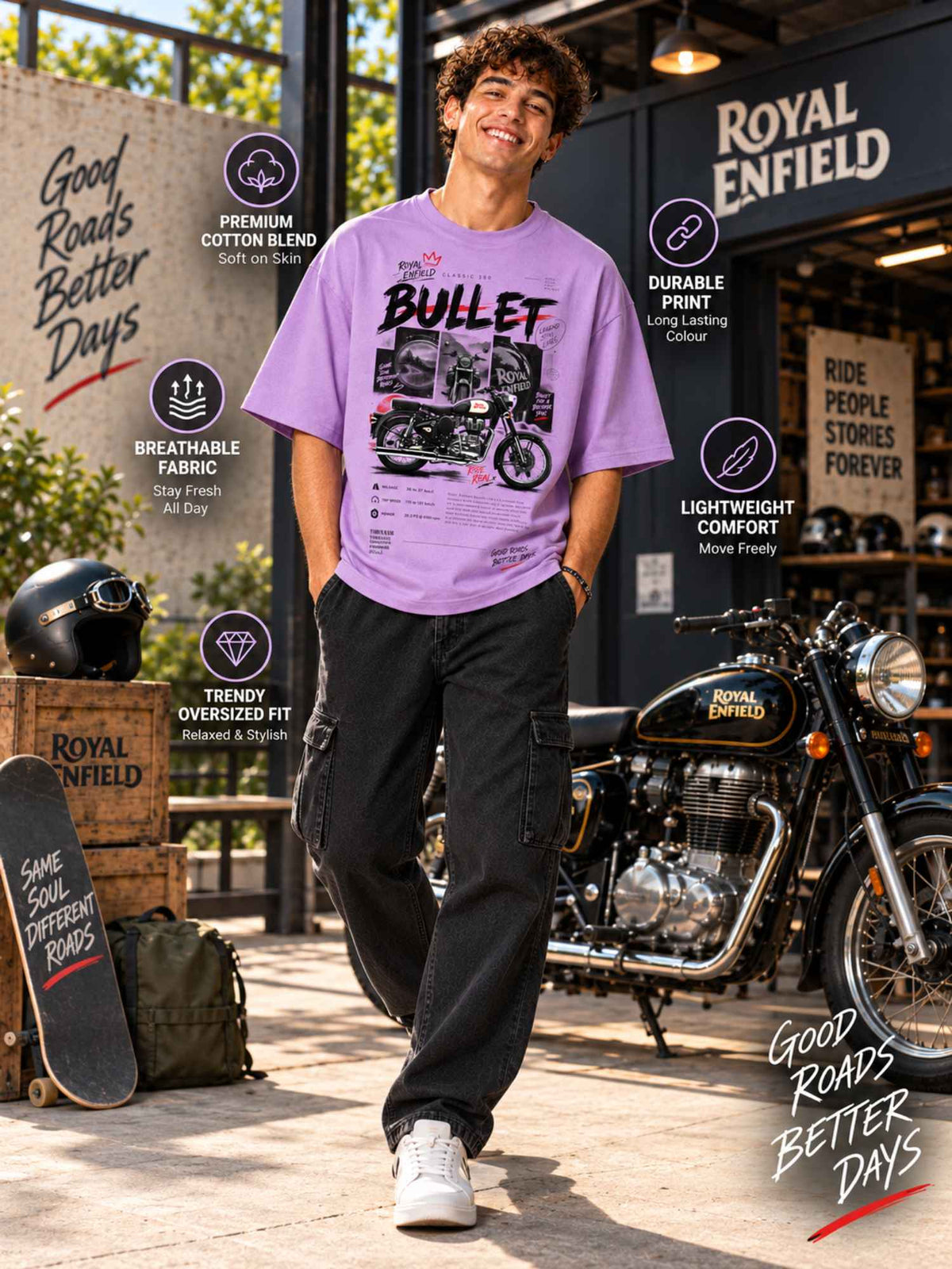 Excello Men's Royal Enfield Bullet 350 Graphic Oversized T-Shirt | Lavender