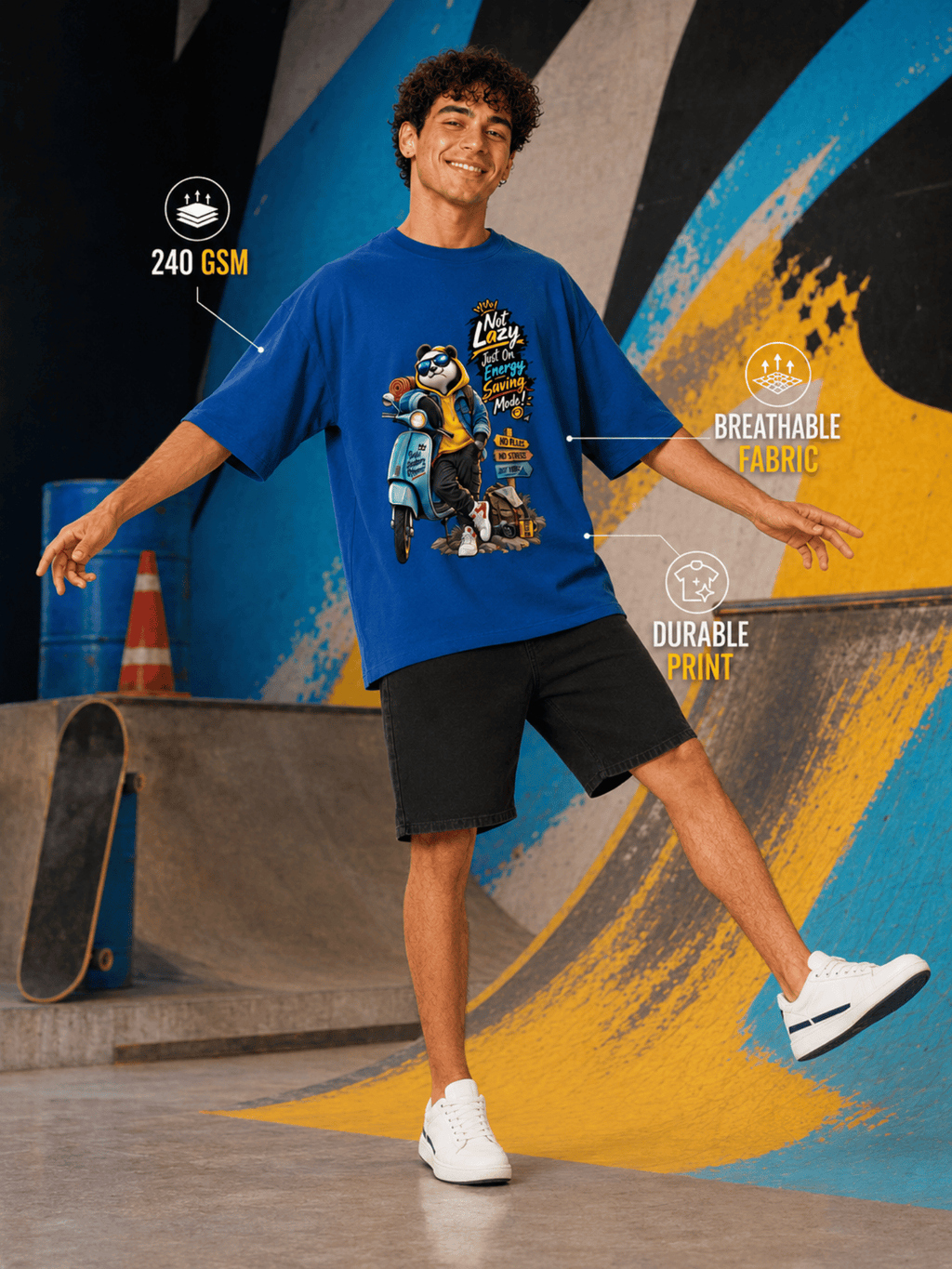 Excello Men's 'Not Lazy' Panda Graphic Oversized T-Shirt | Air Force Blue